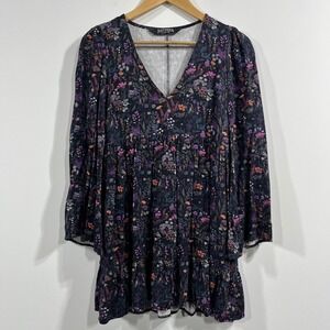 Disturbia Babydoll Dark Botanical Floral Mini Dress Bell Sleeve Womens 4 Goth